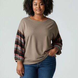 PROMESA | Tan Knit Pullover Semi Sheer Stripe Balloon Sleeves Sweater size Large